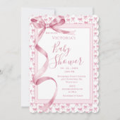 Invitation Ribbon rose Satin Élégant bébé fille douche (Devant)