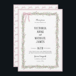 Invitation Ribbons roses doux et verdure Mariage vintage<br><div class="desc">Rubans doux rose & cadre d'aquarelle verdoyante chuchotant dans un design simple. Ajoutez votre photo à l'envers avec les noms à customiser. Une invitation idéale pour les mariages de printemps ou d'été. Absolument adorable. 100% satisfaction client chaque jour à Zazzle. Modèle</div>