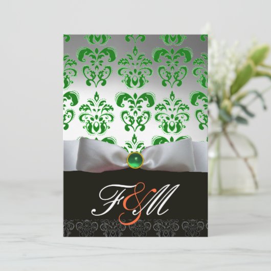 Invitation RIBON BLANC VERT & DAMASK NOIR MONOGRAM Orange (Debout devant)