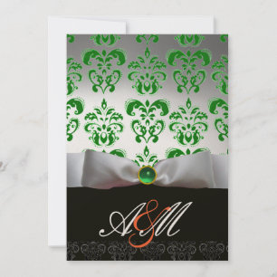 Invitation RIBON BLANC VERT & NOIR DAMASK MONOGRAM Or
