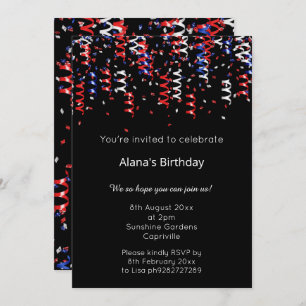 INVITATION RIBONS PATRIOTIQUES NOIR BLEU ROUGE ANNIVERSAIRE