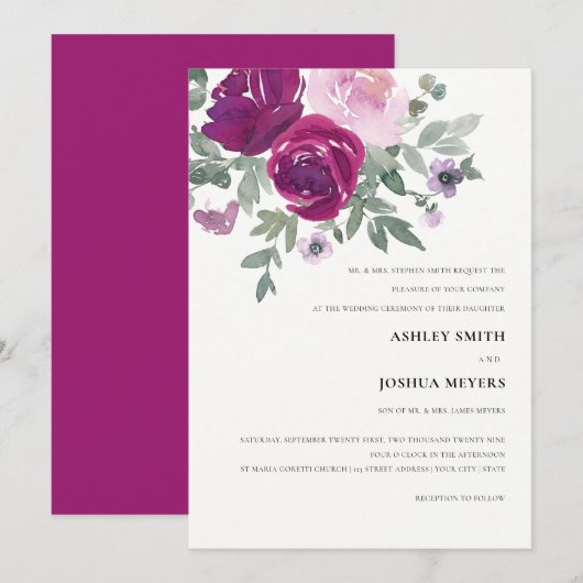 Invitation Rich Magenta Pink Floral Pearl White Wedding (Devant / Derrière)