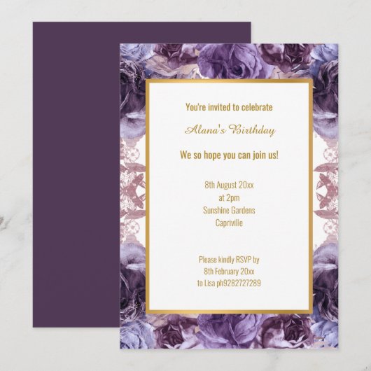 INVITATION RICH PURPLE LILAC DE STYLE FLORAL BLANC ANNIVERSAI (Devant / Derrière)