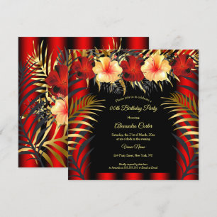 Invitation Riche Rouge Noir Or jaune Hibiscus Fête Florale