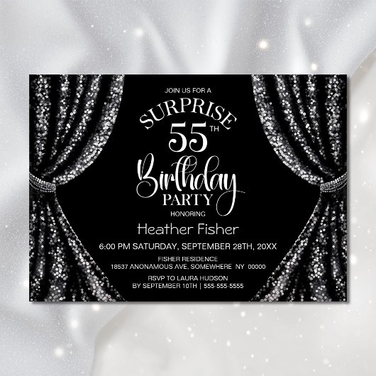 Invitation Rideau à paillettes noir et blanc Surprise 55 ans
