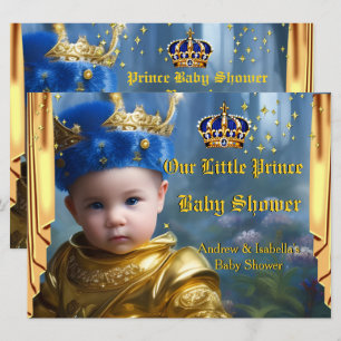 Invitation Rideau Couronne Dorée Bleu Royal pour Baby Shower