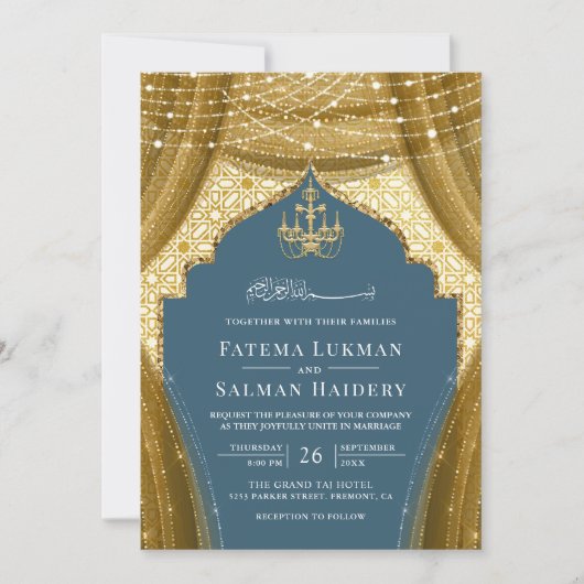 Invitation Rideau de lustre or Dusty bleu Mariage musulman (Devant)