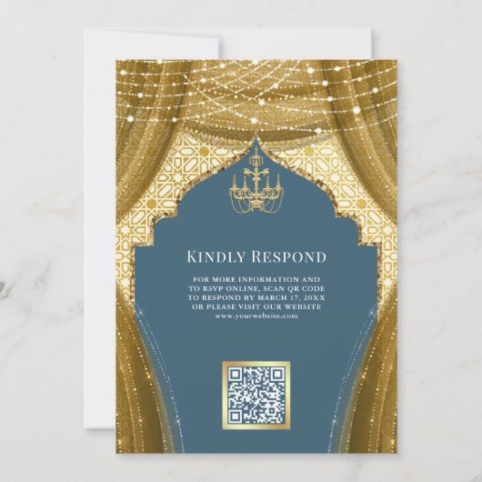 Invitation Rideau de lustre or Dusty bleu Mariage musulman (Dos)