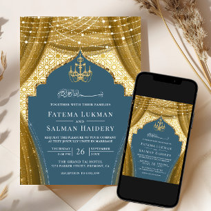 Invitation Rideau de lustre or Dusty bleu Mariage musulman