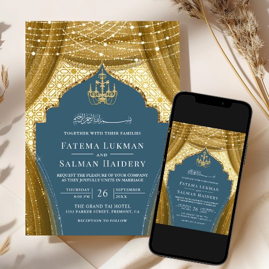 Invitation Rideau de lustre or Dusty bleu Mariage musulman