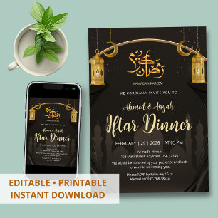 Invitation Rideau de soie noir et or luxueux pour Iftar islam