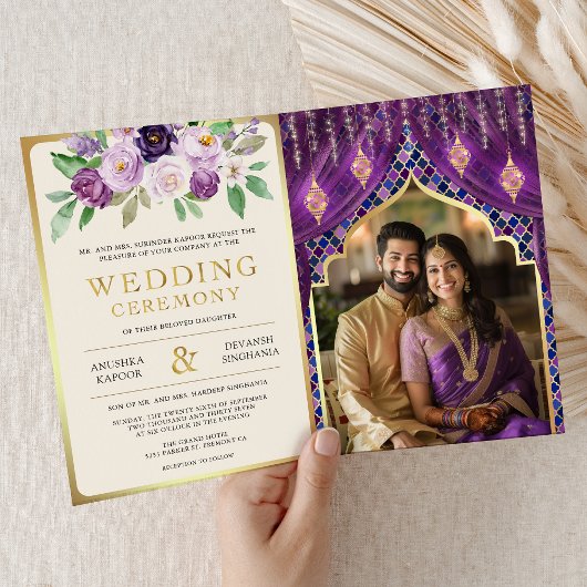 Invitation Rideau Floral d'or violet Mariage indien hindou