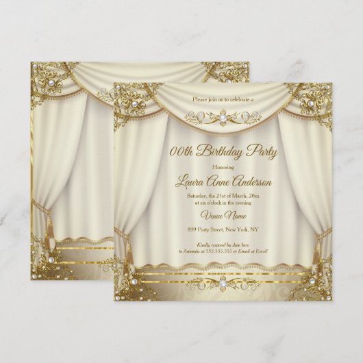 Invitation Rideaux élégants dorés beige crème perle Anniversa (Devant / Derrière)
