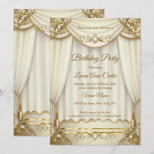 Invitation Rideaux élégants dorés beige crème perle pour soir (Devant / Derrière)