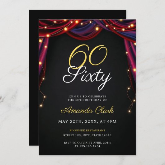 Invitation Rideaux rouges théâtraux avec lumières 60e anniver (Devant / Derrière)