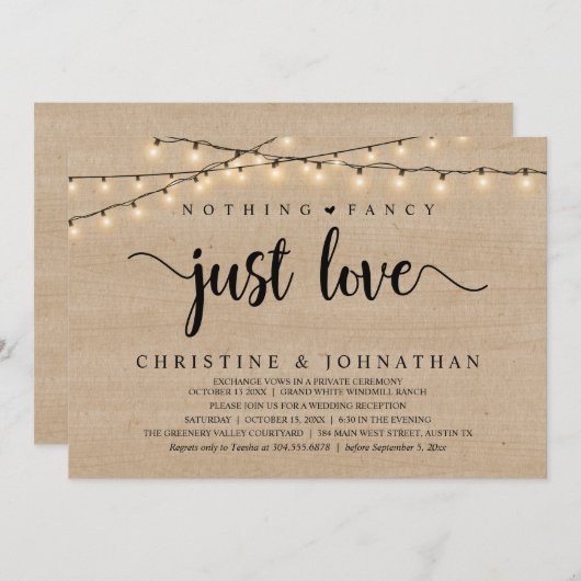 Invitation Rien D'Amoureux, Réception De Mariage Rustique (Devant / Derrière)