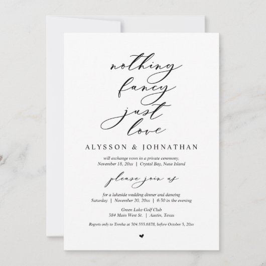 Invitation Rien De Chic, Juste Amour, Dîner Mariage Elopement (Devant)