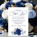 Invitation Rien de fantaisie Just Love Élégant Rose Bleu Mari<br><div class="desc">Cette belle faire-part de mariage présente un ensemble de roses peints à la main dans les tons bleu poussiéreux, bleu marine et indigo, ainsi que des feuilles d'eucalyptus et de verdure du jardin. Le titre est écrit dans des lettres de script fantaisie et dit : Rien de fantaisiste, Juste l'amour....</div>