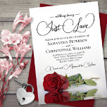 Invitation Rien de fantaisie Juste Amour Élégant Mariage Rose<br><div class="desc">Cette belle faire-part de mariage est dotée d'une unique rose rouge romantique à longue tige, qui se réfléchit sur son côté dans un bassin d'eau. Le titre est écrit dans des lettres de script fantaisie et dit : Rien de fantaisiste, Juste l'amour. Cet invitation est la combinaison parfaite de modernité...</div>