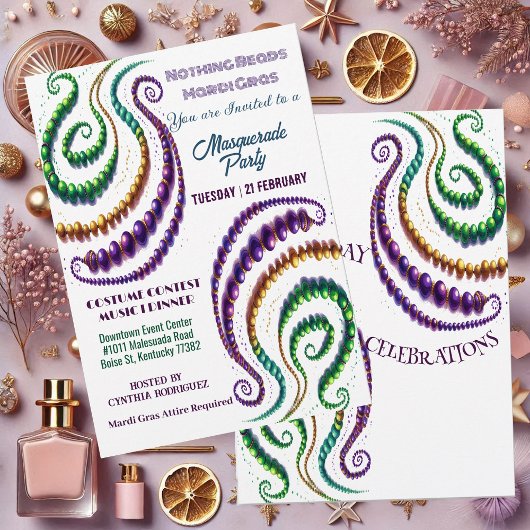 Invitation Rien Perles Mardi Gras Couleurs Masquerade Party