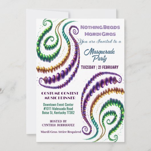 Invitation Rien Perles Mardi Gras Couleurs Masquerade Party (Devant)