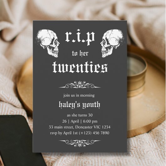 Invitation RIP 20 ans à son 30e anniversaire Gothique Crânes