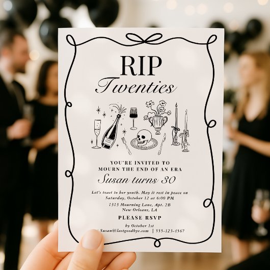 Invitation RIP 20 Whimsical, funérailles à main Anniversaire