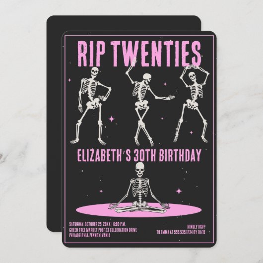 Invitation RIP 20s Black Pink Funny Skull 30e fête d'annivers (Devant / Derrière)