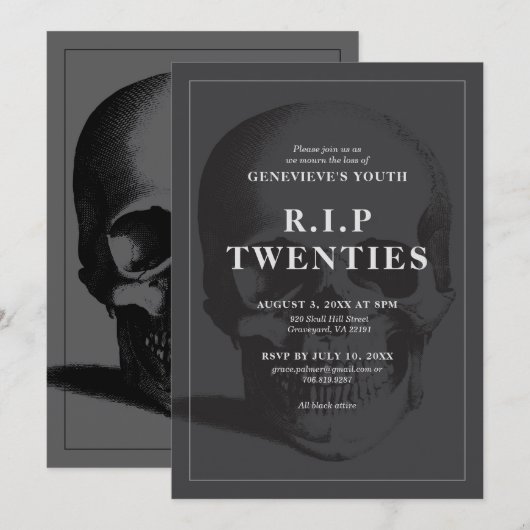 Invitation RIP 20's RIP Twenties RIP Youth Death Party (Devant / Derrière)