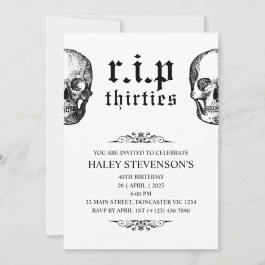 Invitation RIP 30s Années 1920 Funny Funeral Skull 40th Birth (Devant)