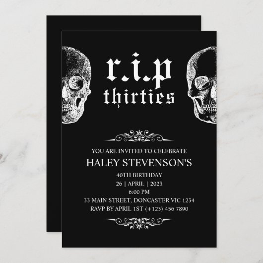 Invitation RIP 30s Thrities Funny Skull Funeral 40th Birthday (Devant / Derrière)