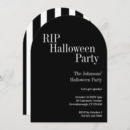 Invitation RIP Halloween Party Black and White Stripe (Devant / Derrière)