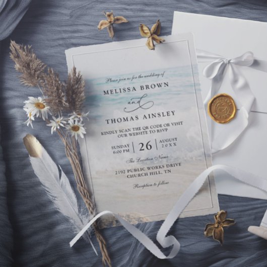 Invitation Rippled Sand Aqua Water Modern QR Code Wedding