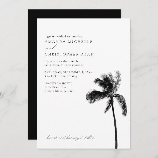 Invitation Riviera Maya Mariage Noir & Blanc Plage Palm Tree (Devant / Derrière)