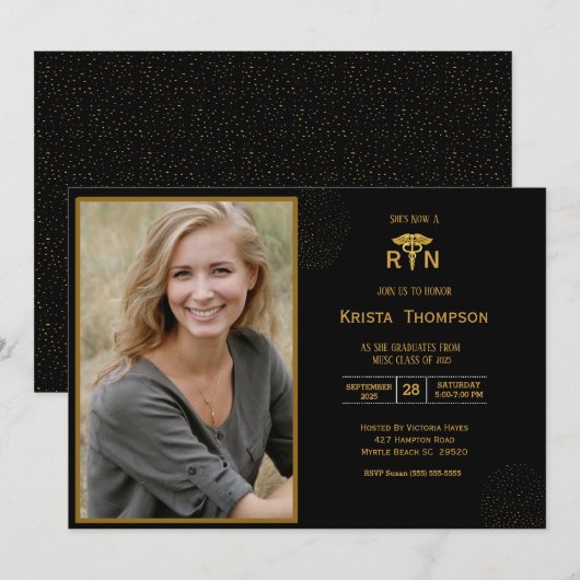Invitation RN Graduation Party Photo Black Gold (Devant / Derrière)