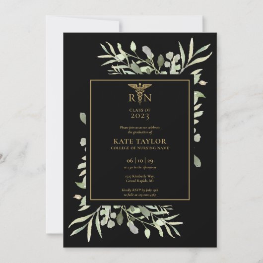 Invitation RN Graduation Photo Foliage noir et or (Devant)
