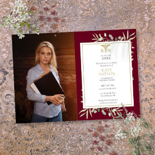 Invitation RN Nuring Graduation Burgundy Foliage Photo Invit
