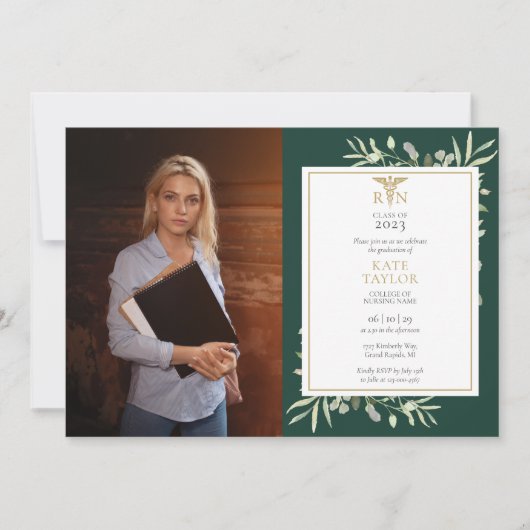 Invitation RN Nursing Graduation Emerald Green Foliage Photo (Devant)