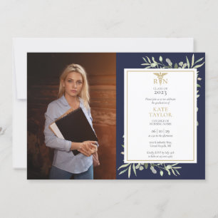 Invitation RN Nursing Graduation Navy Blue Foliage Photo Invi
