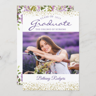 Invitation RN Nursing Graduation Purple Floral Gold Photo