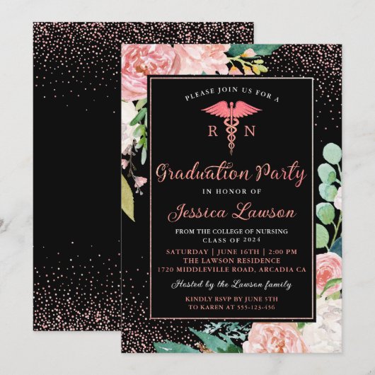 Invitation RN Soins infirmiers Rose Gold Floral (Devant / Derrière)