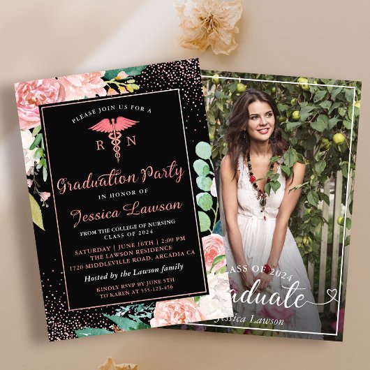 Invitation RN Soins infirmiers Rose Gold Floral Photo