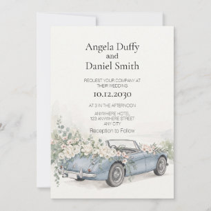Invitation Roadster Bleu Vintage Aquarelle Florale