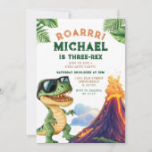 Invitation Roar Boy Trois Rex Dinosaur Volcano 3e anniversair (Devant)