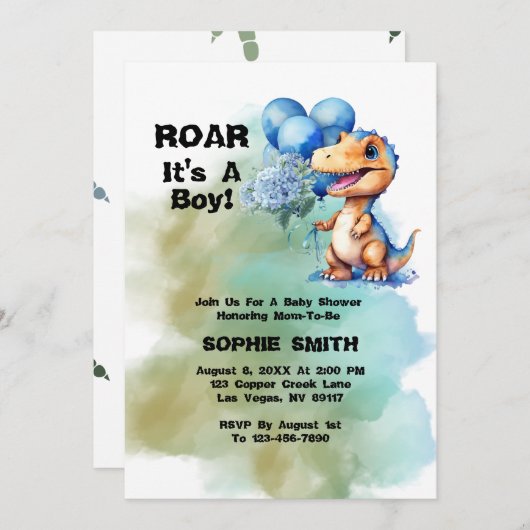 Invitation Roar C'Est Un Garçon T-Rex Baby shower Dinosaure (Devant / Derrière)