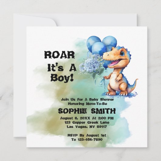 Invitation Roar C'Est Un Garçon T-Rex Dinosaur Baby shower ca (Devant)