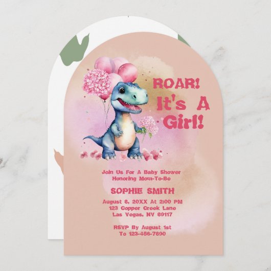 Invitation Roar C'est une fille T-Rex Baby Dinosaur rose (Devant / Derrière)