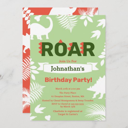 Invitation Roar Dinosaur & Jungle Foliage Anniversaire (Devant / Derrière)