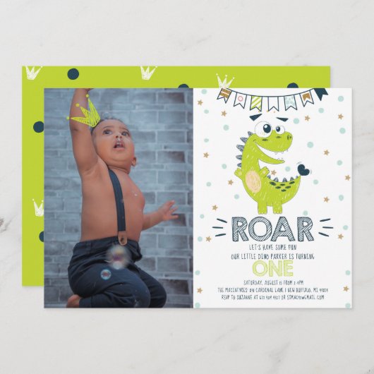 Invitation ROAR Dinosaur Premier anniversaire Photo Invitatio (Devant / Derrière)