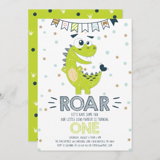 Invitation ROAR Dinosaure vert premier anniversaire (Devant / Derrière)